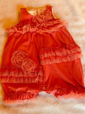 Isobella & Chloe Coral Pink Tulle Romper with Rosette